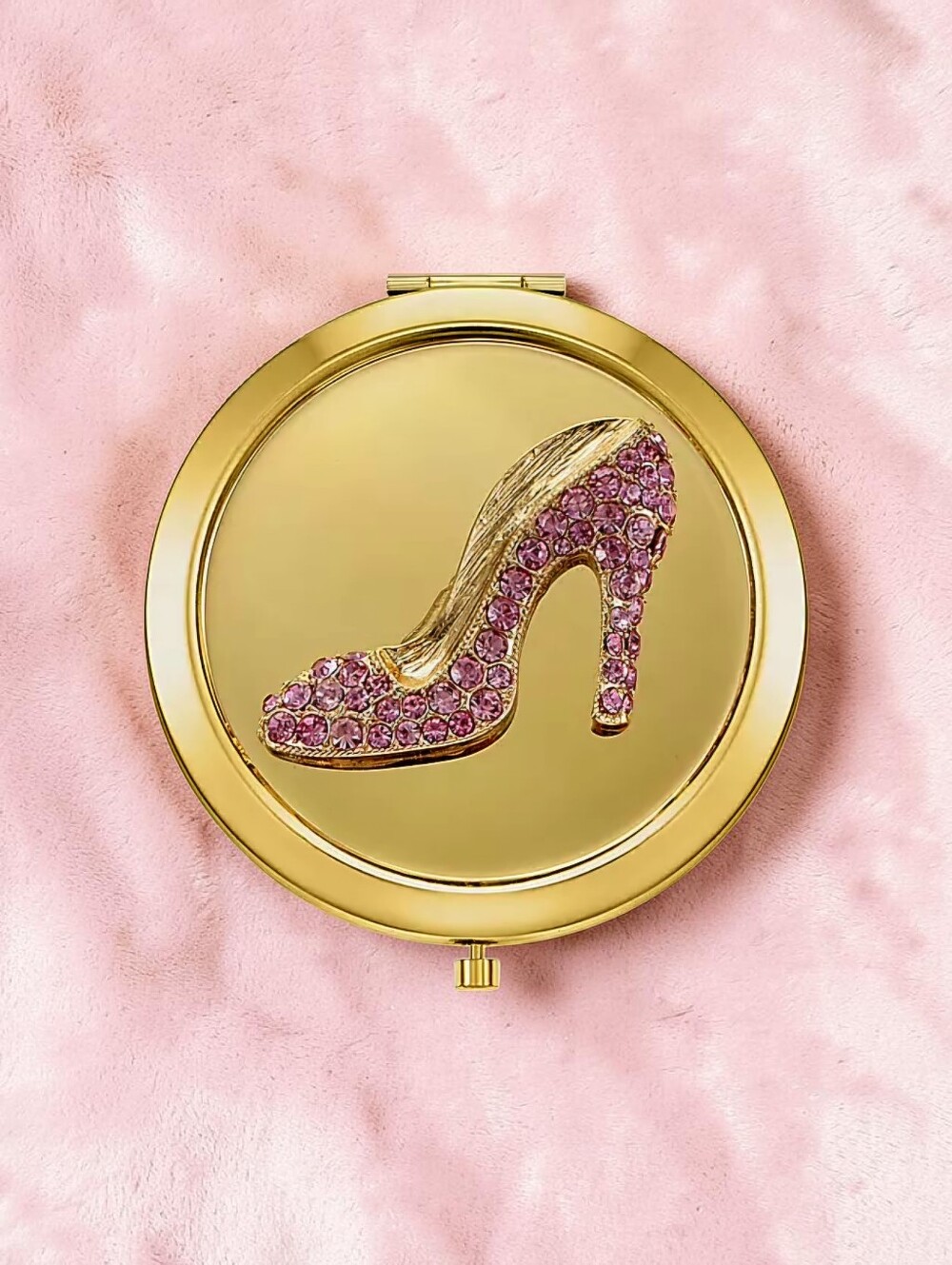 NEW Monet Jewelry Gold Tone Pink Heel  Snap Compact Mirror with Box 2.75" NWT